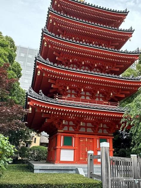 緑の木々に囲まれた、博多旧市街にある東長寺の朱色の五重塔
